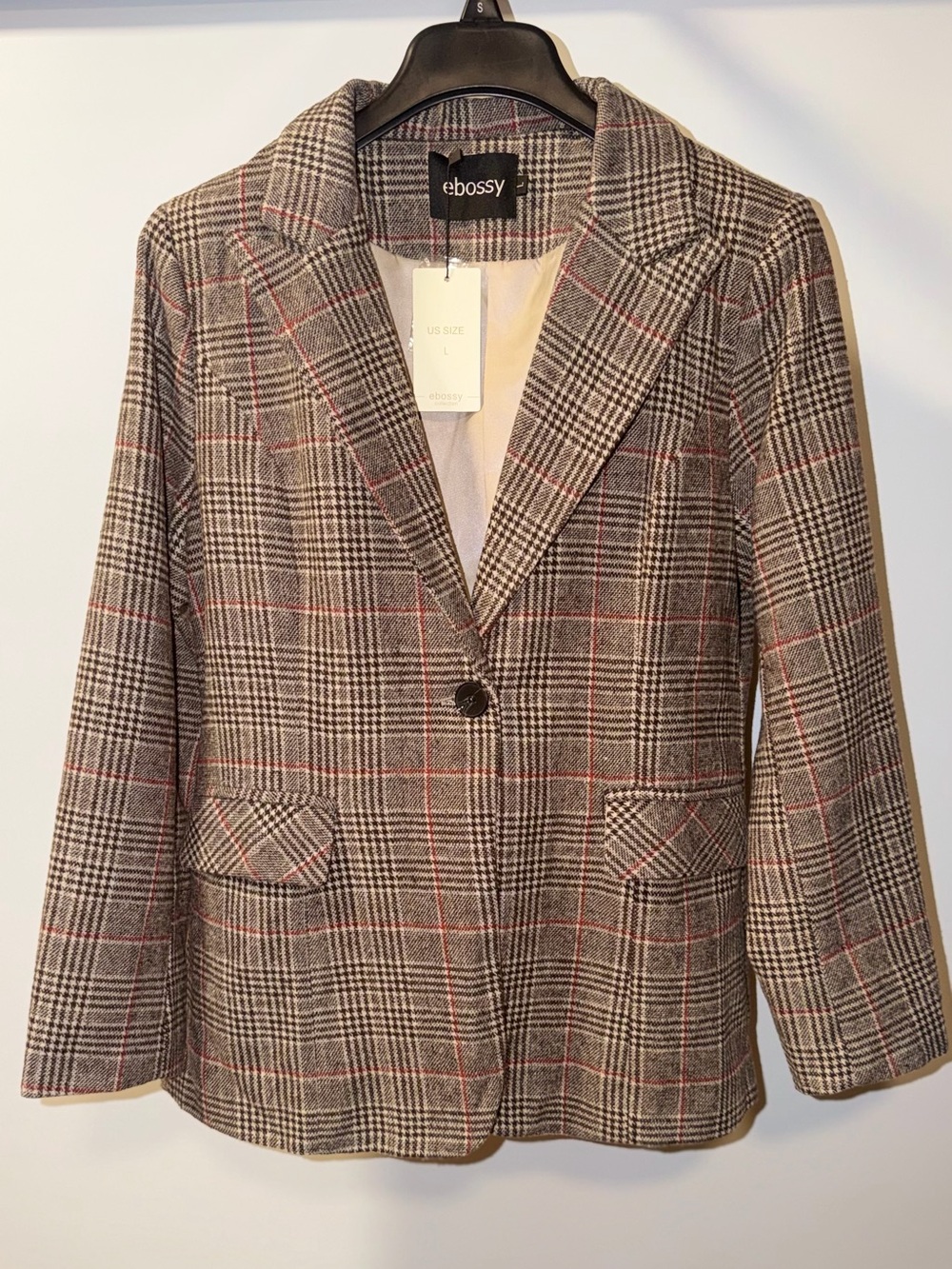 Boss Plaid Single-Button Blazer in Gray with Red Windowpane